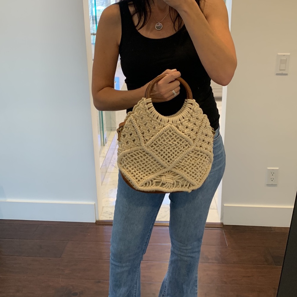 Cream Macramé & Tan Leather Round Handle Shoulder Bag - Picture 2 of 10